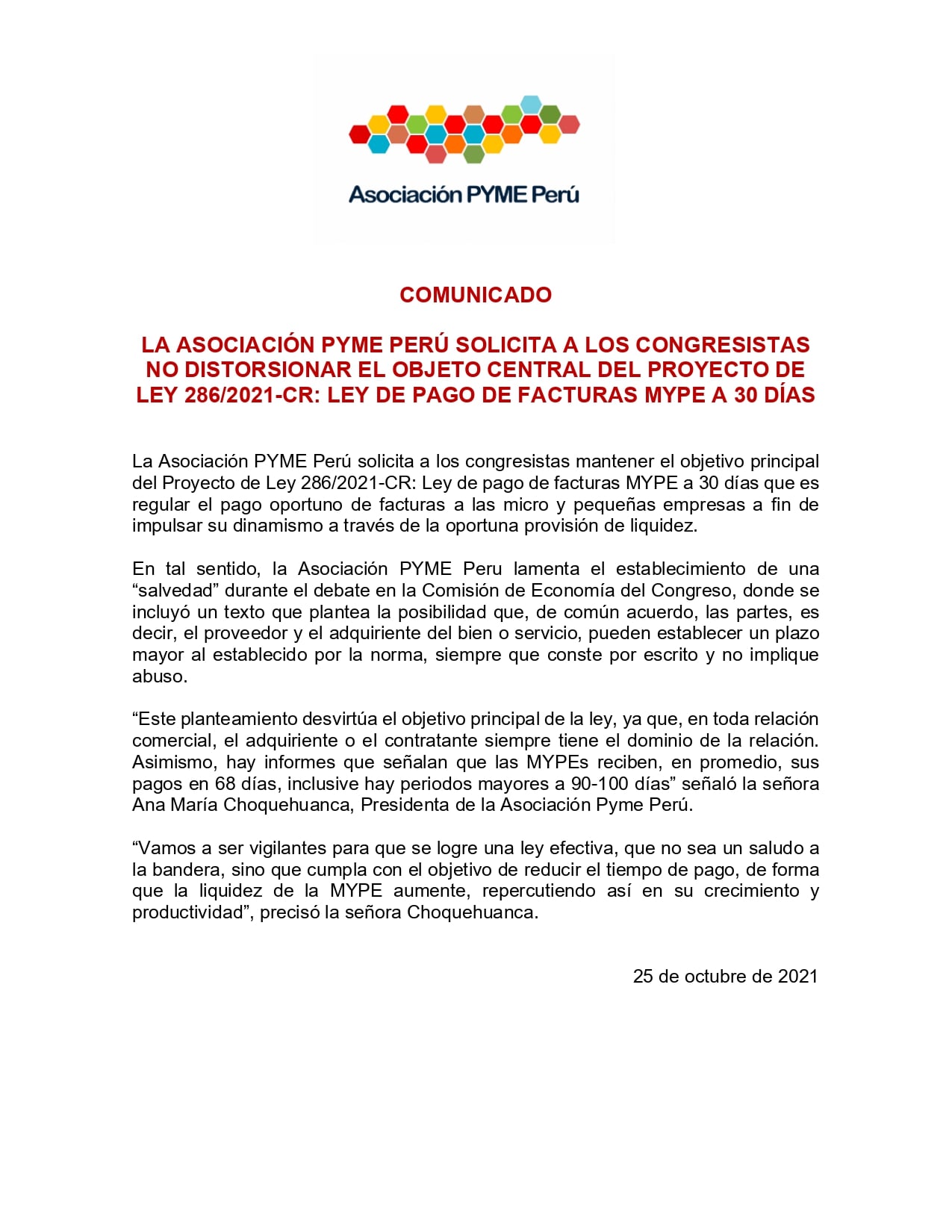La asociación Pyme Perú solicita a los congresistas no distorsionar el objeto central del Proyecto de Ley  286/2021-CR