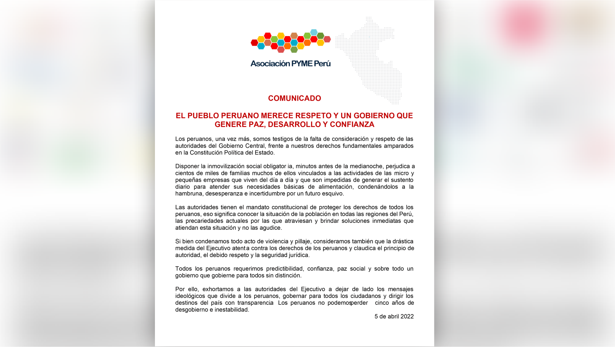 URGENTE: MEDIDA DICTADA POR EL EJECUTIVO ATENTA CONTRA LOS DERECHOS DE LOS PERUANOS